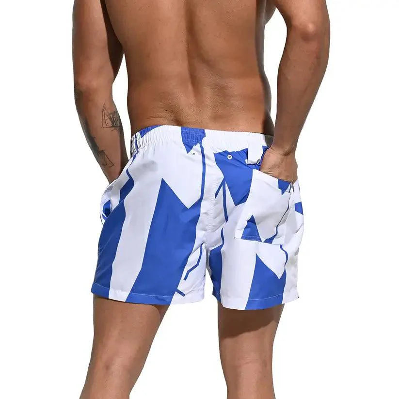 Men's Printed Beach Shorts Blue Block Board Shorts with Mesh Lining - His Inwear