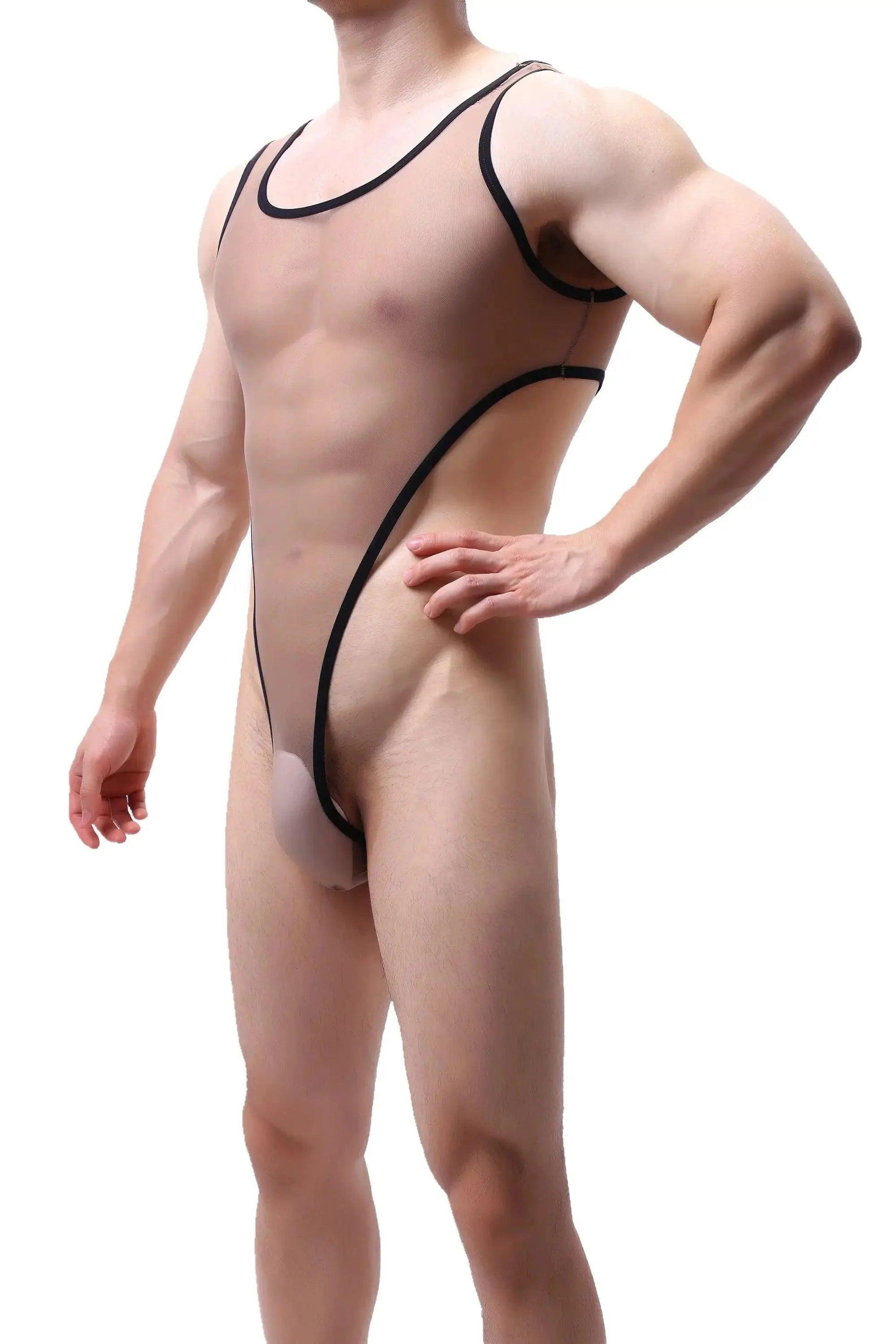 Men's Seductive Black Mesh Bodysuit Thong - Transparent, Stretchy Nylon & Spandex Blend, Comfort Fit Underwear - His Inwear