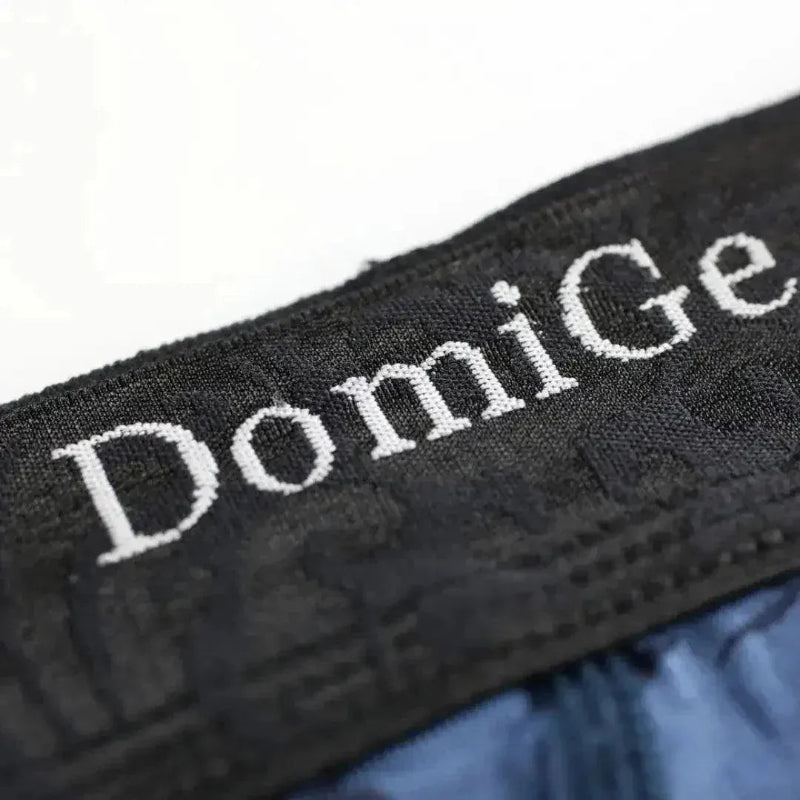 Navy briefs waistband detail — DomiGe subtle logo	