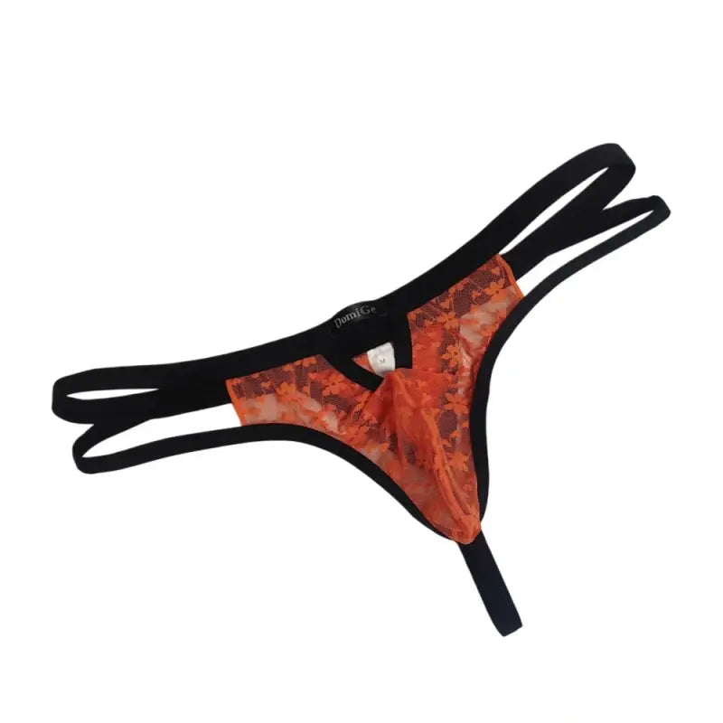 Orange jacquard lace mesh thong flat lay with black trim - DomiGe ODO5753