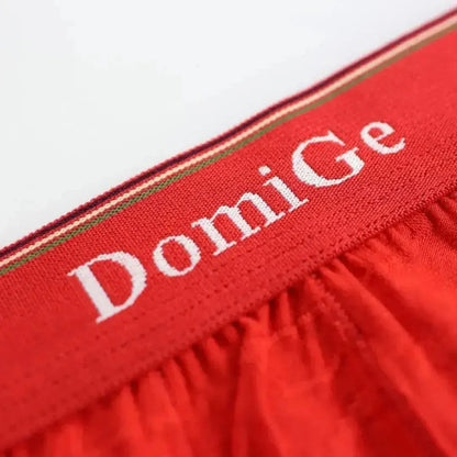 Red boxer briefs waistband detail — subtle DomiGe logo	