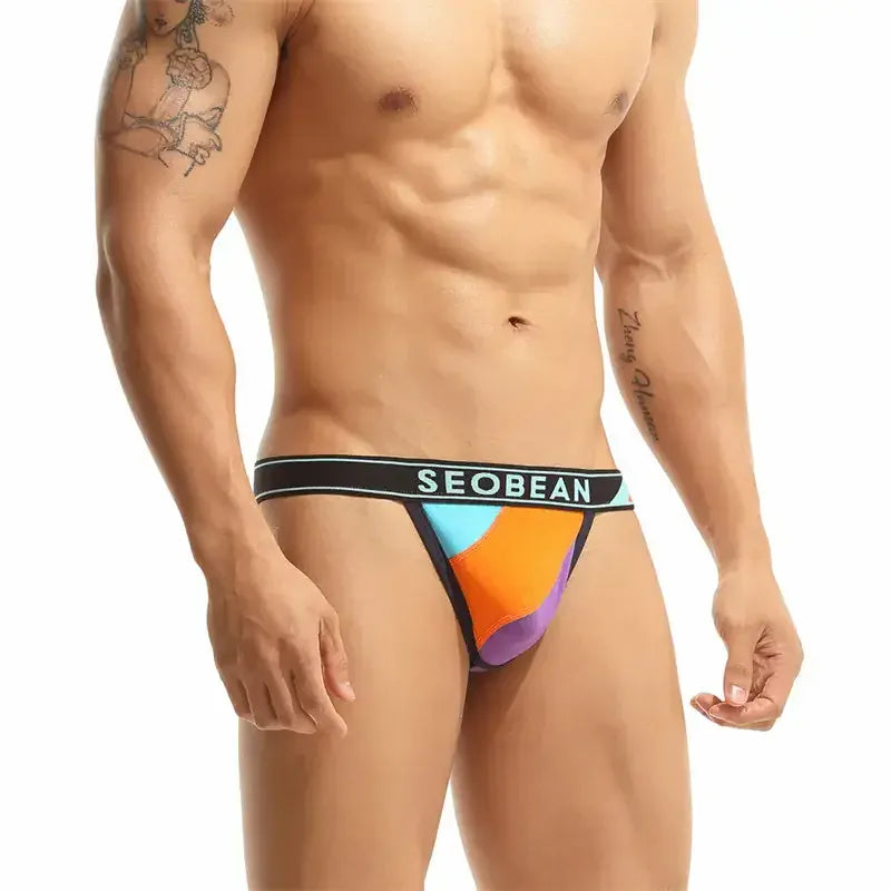 Seobean Men's Color Block Thong - Stylish T-Back Underwear for Comfort and Support