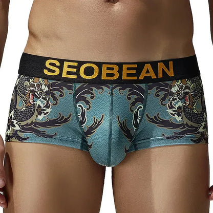Seobean Seobean Men's Dragon Print Boxer Briefs - Low-Rise Pouch Underwear