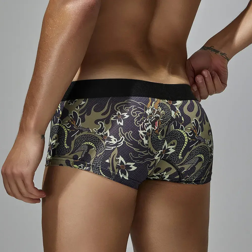 Seobean Seobean Men's Dragon Print Boxer Briefs - Low-Rise Pouch Underwear