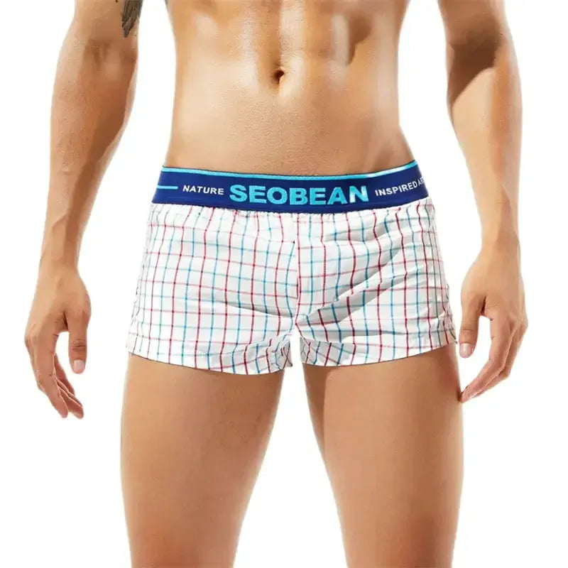 Seobean Seobean Men's Fashionable 100% Cotton Art-Inspired Grid Boxer Shorts
