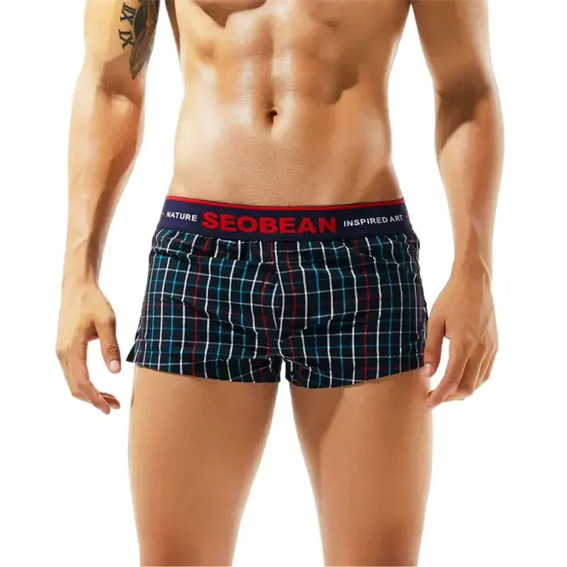 Seobean Seobean Men's Fashionable 100% Cotton Art-Inspired Grid Boxer Shorts