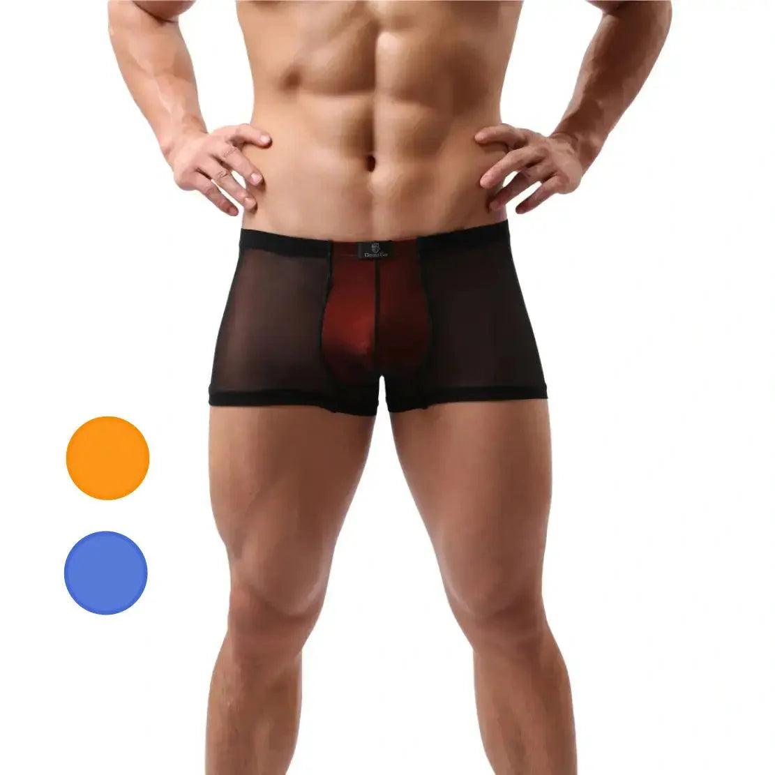 Stylish Black Men's Boxer Briefs with Orange Modal Lining and Sheer Mesh Male Underwear - His Inwear