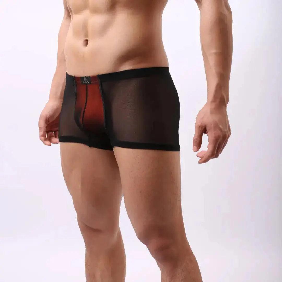 Stylish Black Men's Boxer Briefs with Orange Modal Lining and Sheer Mesh Male Underwear - His Inwear