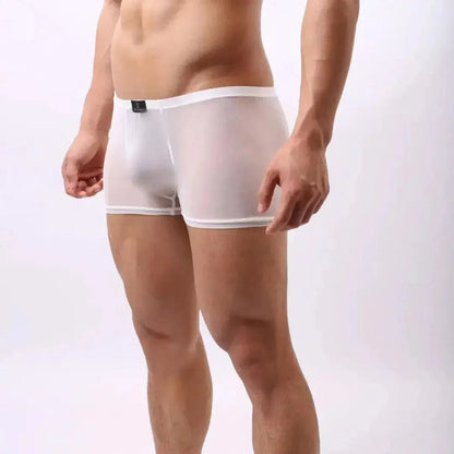 White sheer mesh boxer shorts side — cooling breathable fit	